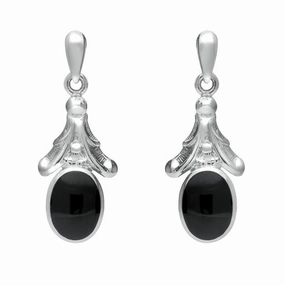 Sterling Silver Whitby Jet Oval Leaf Drop Stud Earrings