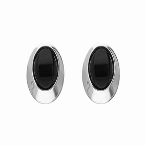 Sterling Silver Whitby Jet Oval Offset Stud Earrings