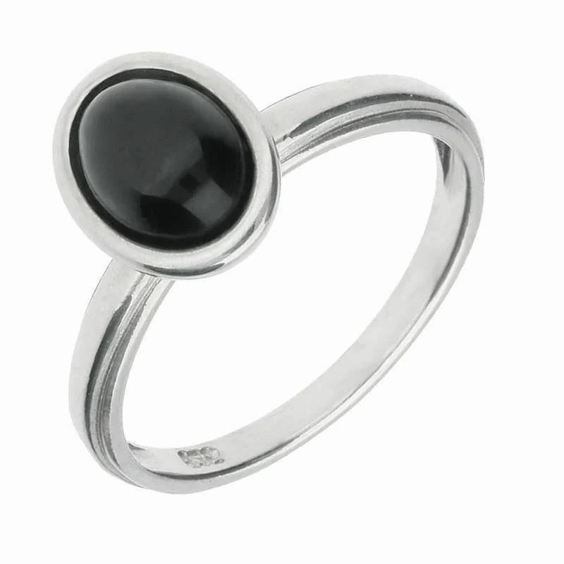 Sterling Silver Whitby Jet Oval Plain Shank Stacking Ring