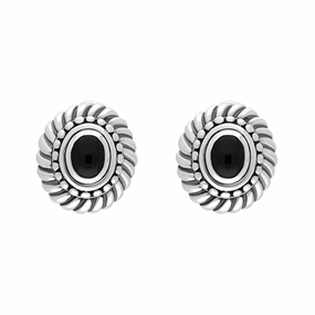 Sterling Silver Whitby Jet Oval Rope Edge Omega Clip Earrings D