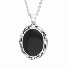Sterling Silver Whitby Jet Oval Rope Frame Necklace D
