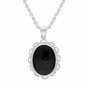 Sterling Silver Whitby Jet Oval Rope Frill Necklace