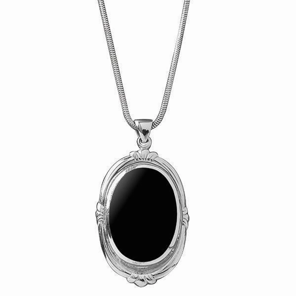 Sterling Silver Whitby Jet Oval Shape Fleur Necklace
