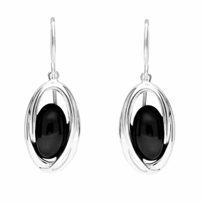Sterling Silver Whitby Jet Oval Stone Enclosed Drop Earrings