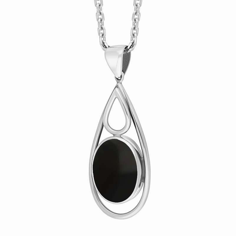 Sterling Silver Whitby Jet Oval Tear Drop Open Frame Necklace