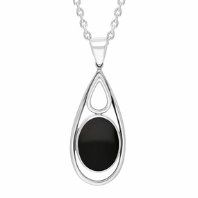 Sterling Silver Whitby Jet Oval Tear Drop Open Frame Necklace