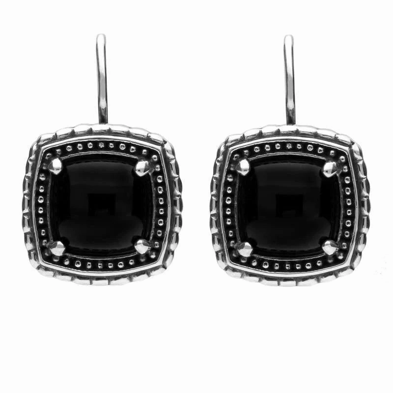 Sterling Silver Whitby Jet Oxidised Square Pattern Hook Drop Earrings