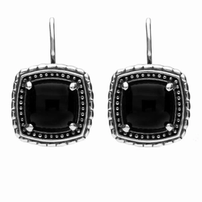Sterling Silver Whitby Jet Oxidised Square Pattern Hook Drop Earrings
