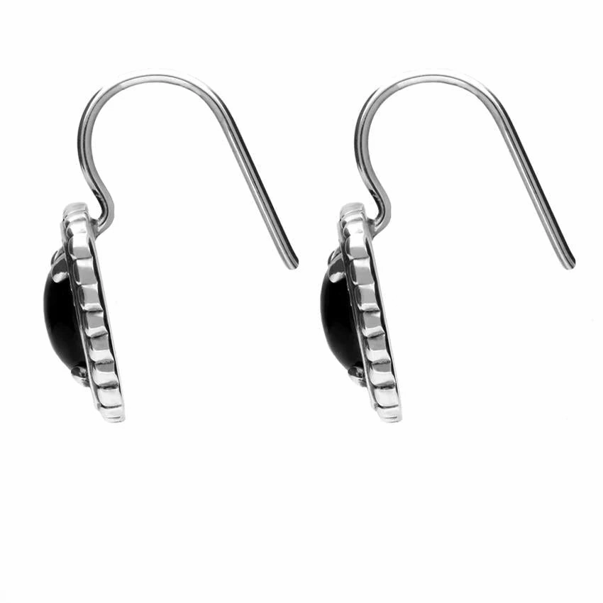 Sterling Silver Whitby Jet Oxidised Square Pattern Hook Drop Earrings