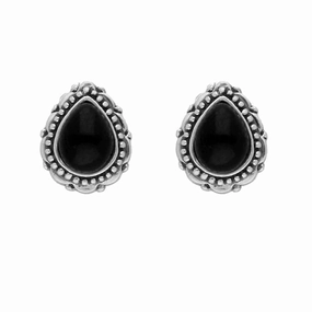 Sterling Silver Whitby Jet Pear Beaded Lace Edge Stud Earrings
