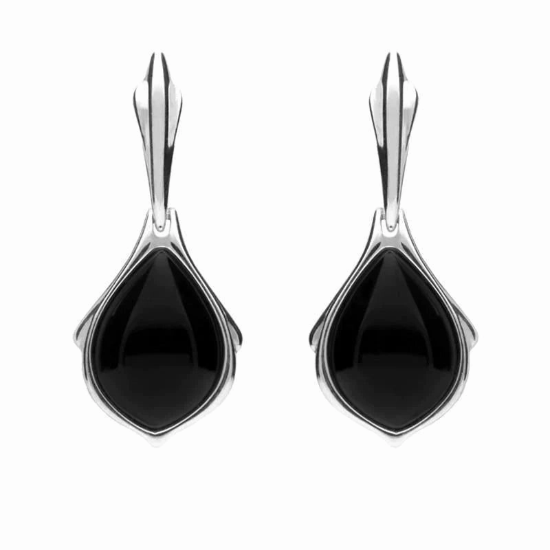 Sterling Silver Whitby Jet Pear Shape Open Back Drop Earrings