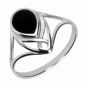 Sterling Silver Whitby Jet Pear Shaped Celtic Ring