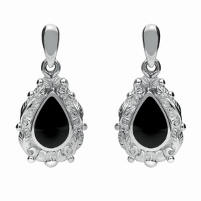 Sterling Silver Whitby Jet Pear Shaped Leaf Drop Earrings