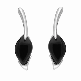 Sterling Silver Whitby Jet Pear Wave Top Drop Earrings