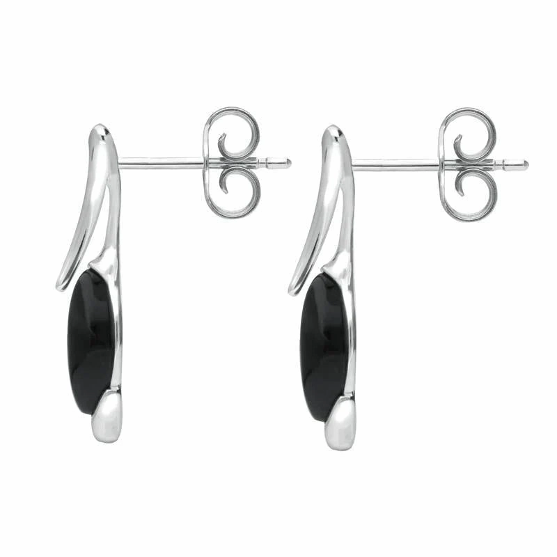 Sterling Silver Whitby Jet Pear Wave Top Drop Earrings