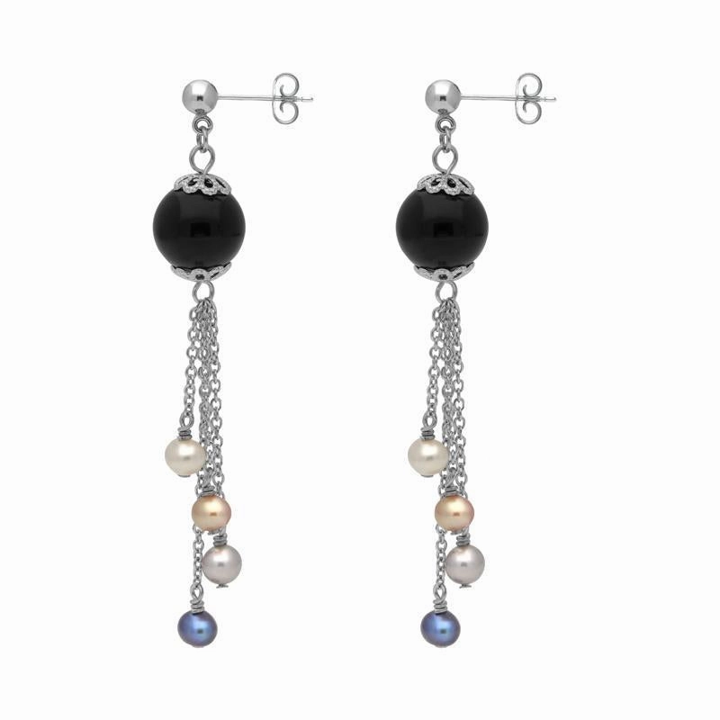 Sterling Silver Whitby Jet Pearl Beaded Tassel Drop Earrings