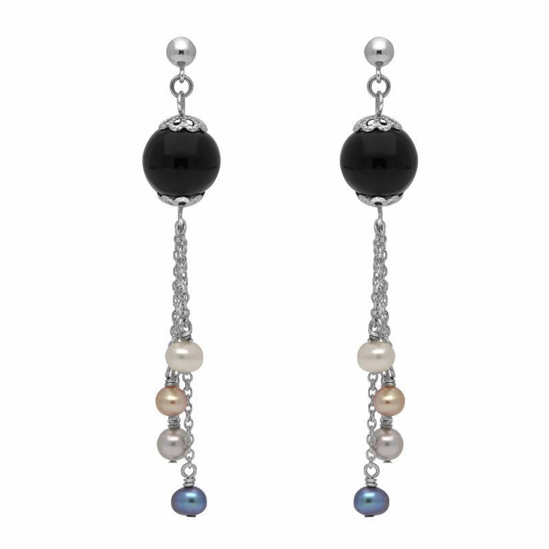 Sterling Silver Whitby Jet Pearl Beaded Tassel Drop Earrings