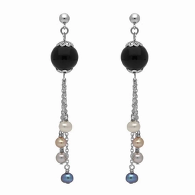 Sterling Silver Whitby Jet Pearl Beaded Tassel Drop Earrings
