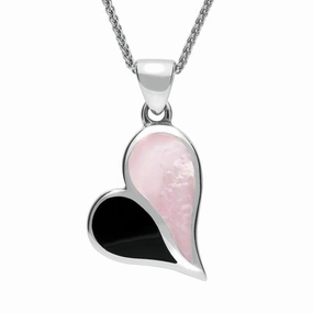 Sterling Silver Whitby Jet Pink Mother Of Pearl Split Heart Necklace
