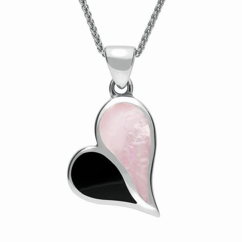 Sterling Silver Whitby Jet Pink Mother Of Pearl Split Heart Necklace