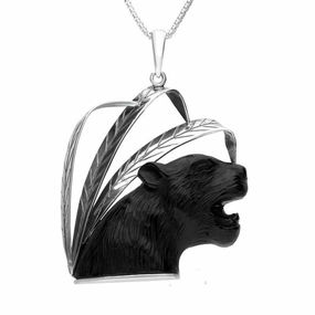 Sterling Silver Whitby Jet Puma Head and Leaf Necklace D