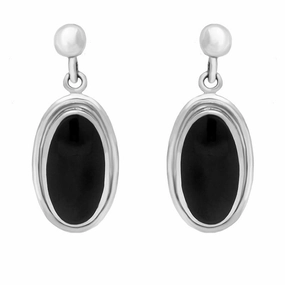 Sterling Silver Whitby Jet Ribbed Oval Drop Earrings