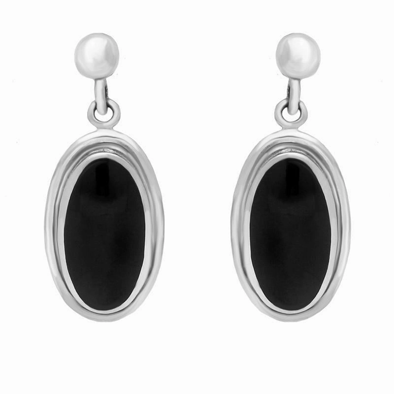 Sterling Silver Whitby Jet Ribbed Oval Drop Earrings