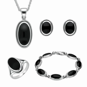 Sterling Silver Whitby Jet Ribbed Oval Four Piece Set