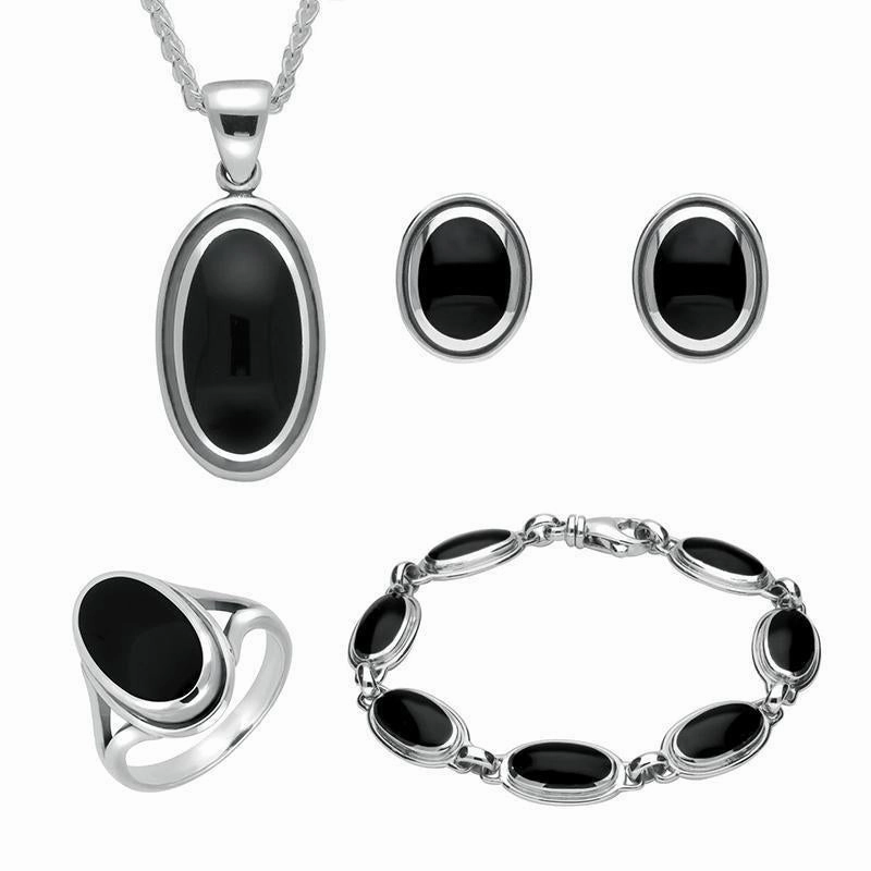 Sterling Silver Whitby Jet Ribbed Oval Four Piece Set