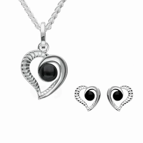 Sterling Silver Whitby Jet Ridged Heart Two Piece Set