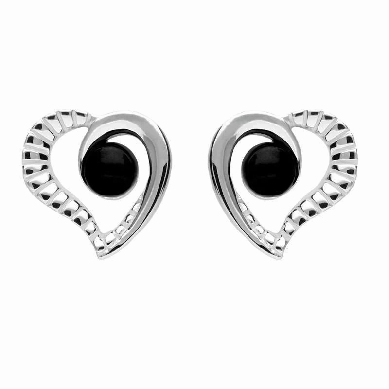 Sterling Silver Whitby Jet Ridged Heart Two Piece Set