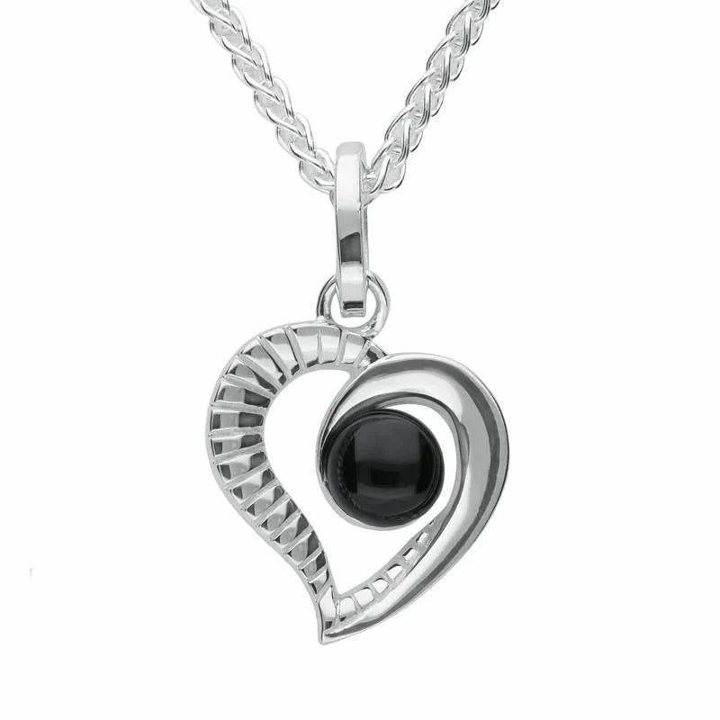 Sterling Silver Whitby Jet Ridged Heart Two Piece Set