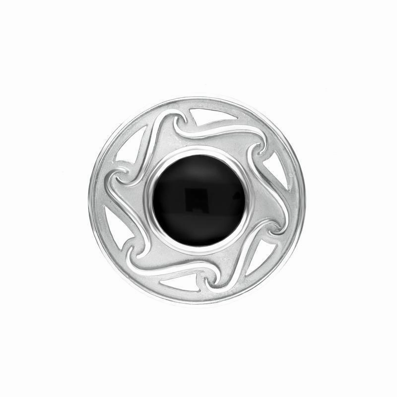 Sterling Silver Whitby Jet Round Celtic Framed Brooch