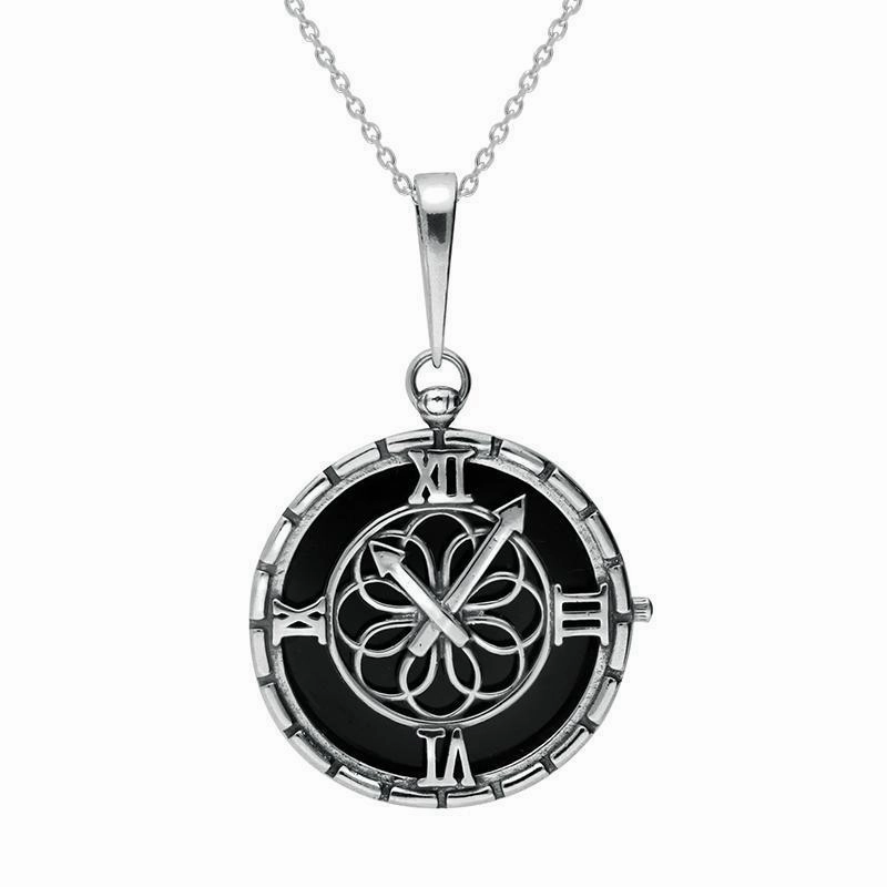 Sterling Silver Whitby Jet Round Clock Necklace