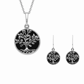 Sterling Silver Whitby Jet Round Large Leaves Tree of Life Two Piece Set