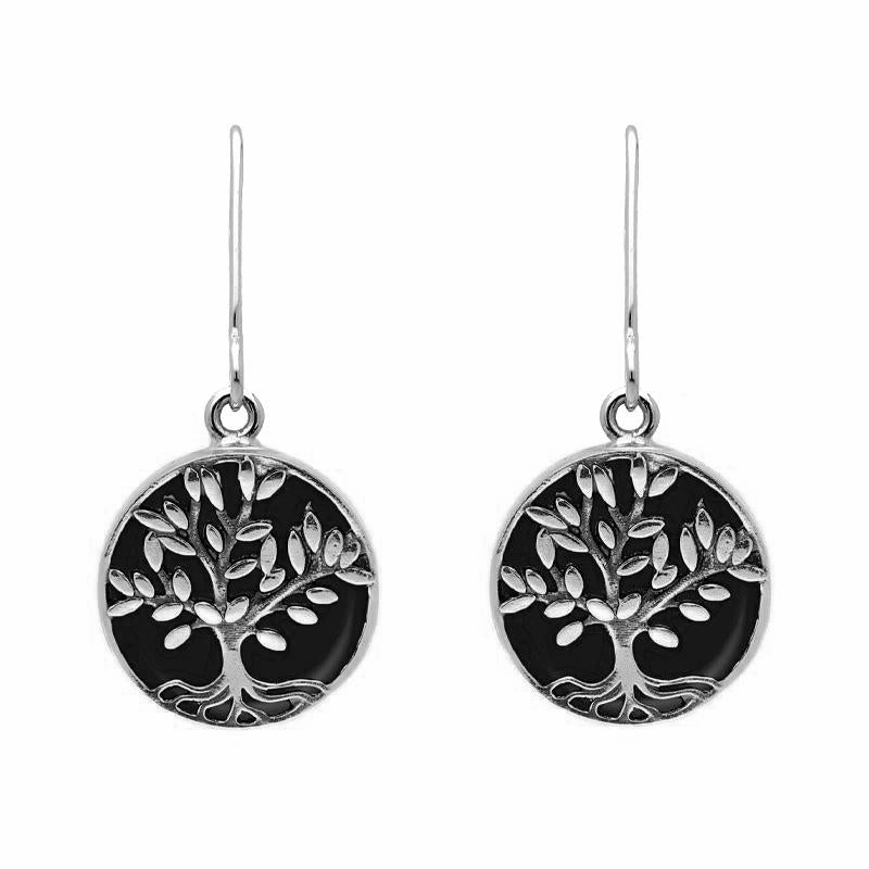 Sterling Silver Whitby Jet Round Large Leaves Tree of Life Two Piece Set
