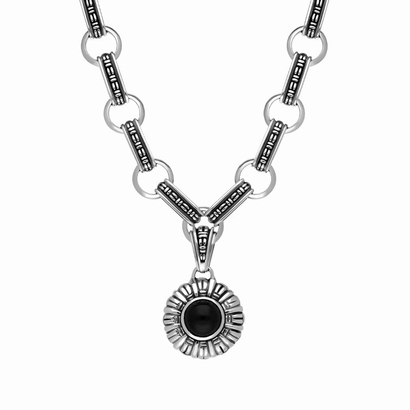 Sterling Silver Whitby Jet Round Ribbed Necklace D