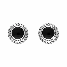 Sterling Silver Whitby Jet Round Rope Edge Omega Clip Earrings D