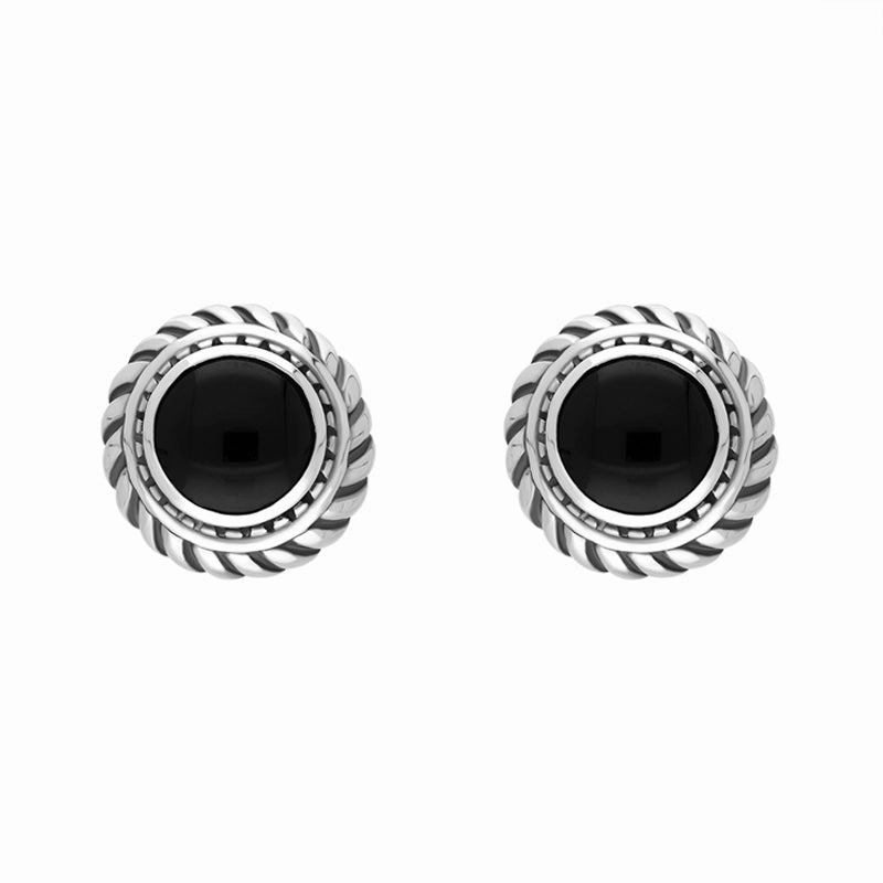 Sterling Silver Whitby Jet Round Rope Edge Omega Clip Earrings D