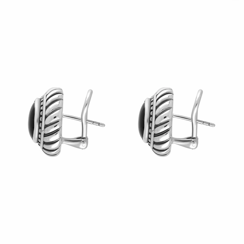 Sterling Silver Whitby Jet Round Rope Edge Omega Clip Earrings D