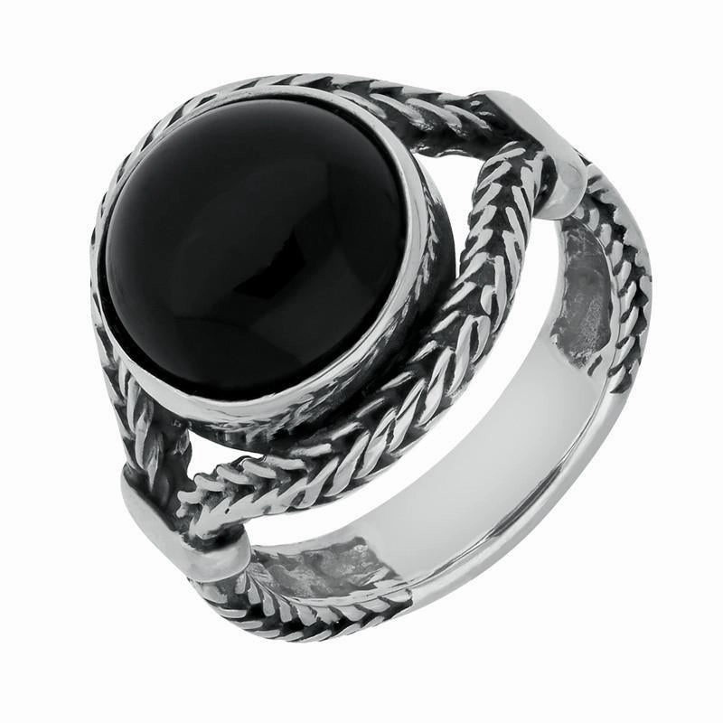 Sterling Silver Whitby Jet Round Split Shank Foxtail Ring D