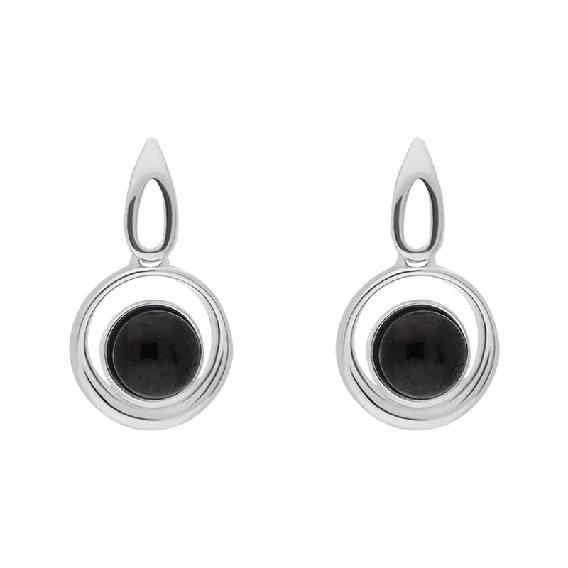 Sterling Silver Whitby Jet Round Swirl Drop Earrings