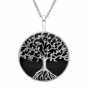 Sterling Silver Whitby Jet Round Tree Of Life Necklace