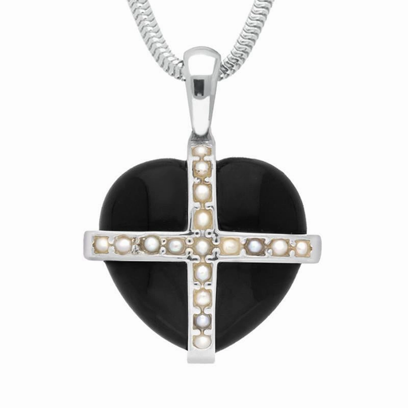 Sterling Silver Whitby Jet Seventeen Pearl Small Cross Heart Necklace