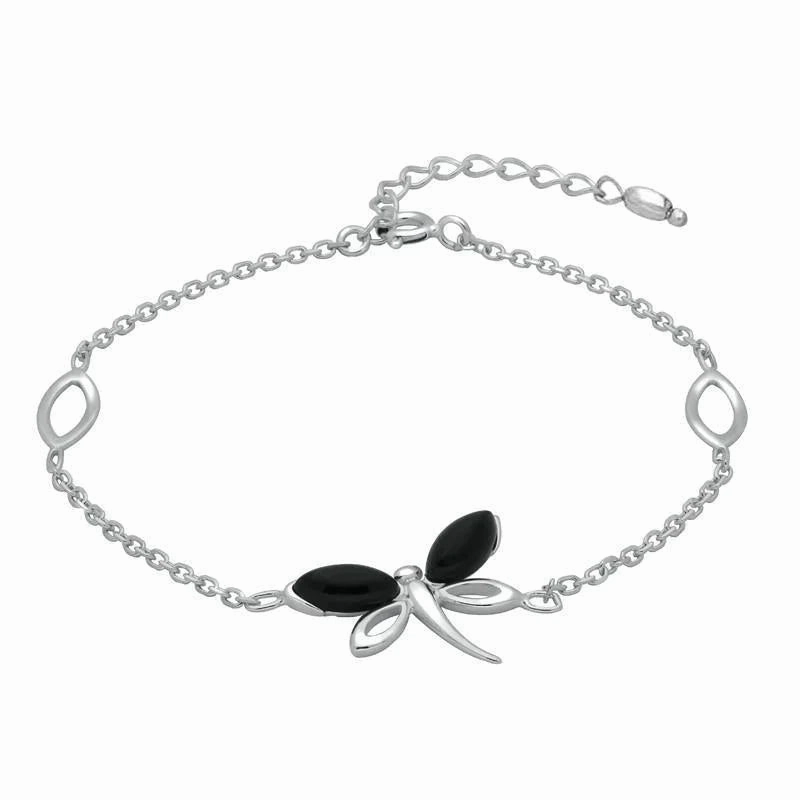 Sterling Silver Whitby Jet Single Butterfly Bracelet