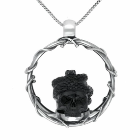 Sterling Silver Whitby Jet Skull And Snake Necklace
