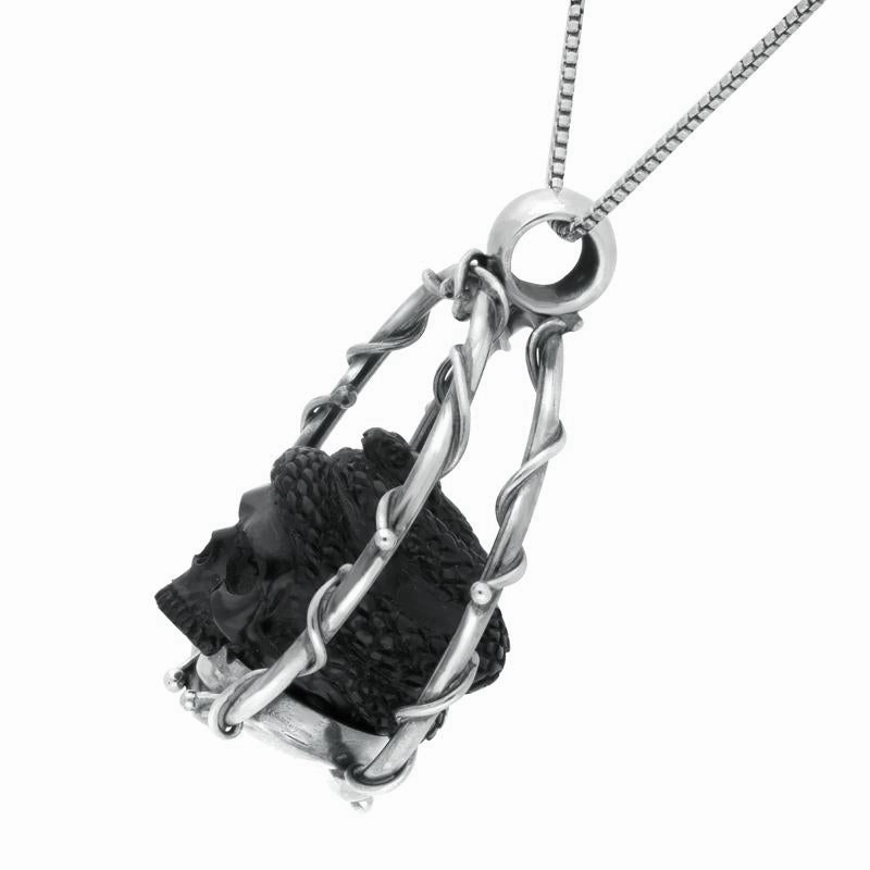 Sterling Silver Whitby Jet Skull And Snake Necklace
