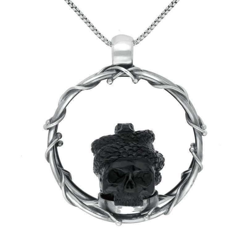 Sterling Silver Whitby Jet Skull And Snake Necklace