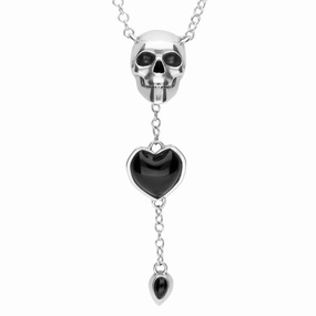 Sterling Silver Whitby Jet Skull Heart Pear Drop Necklace