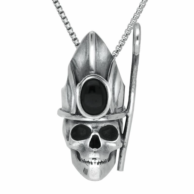 Sterling Silver Whitby Jet Skull With Crown and Shepherds Crook Necklace